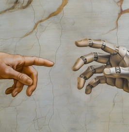 Imagem de uma ilustração inspirada na obra “A Criação de Adão”, de Michelangelo. No lado esquerdo, aparece uma mão humana estendida, com os dedos quase tocando. No lado direito, em vez de outra mão humana, há uma mão robótica, feita de metal e articulada com juntas mecânicas.